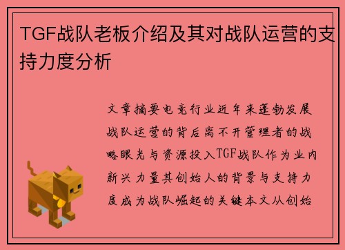 TGF战队老板介绍及其对战队运营的支持力度分析